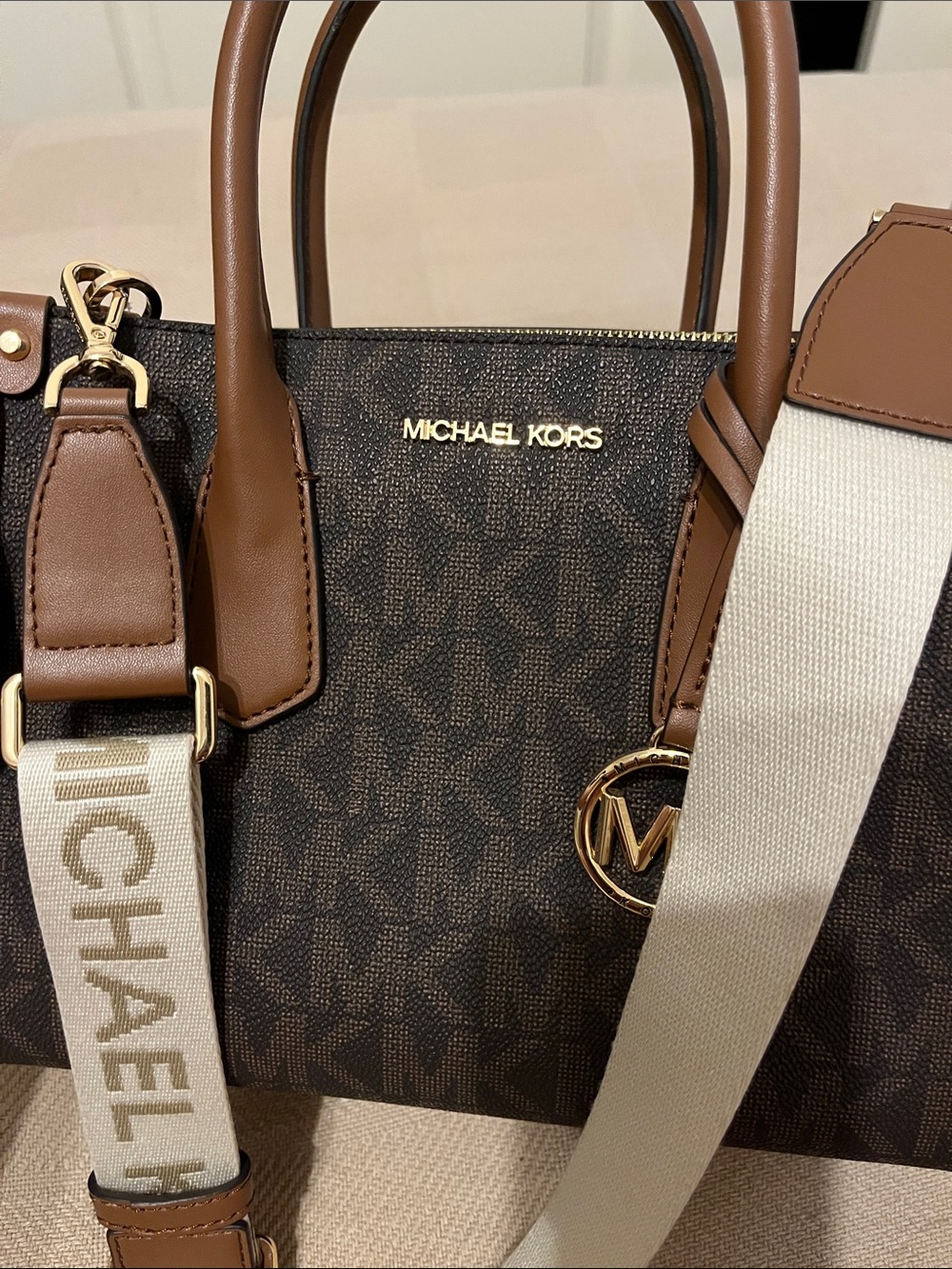 Michael Kors Brown Logo Satchel with Cream Logo Strap - Picture 7 of 7